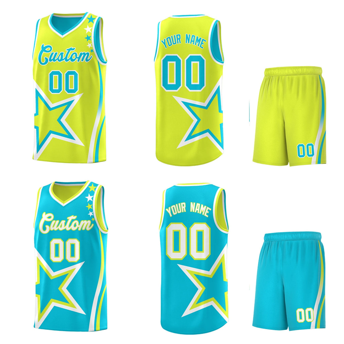 Custom Sky Blue Fluorescent Green White Star Series Reversible Sets Basketball Jersey| KXKSHOP