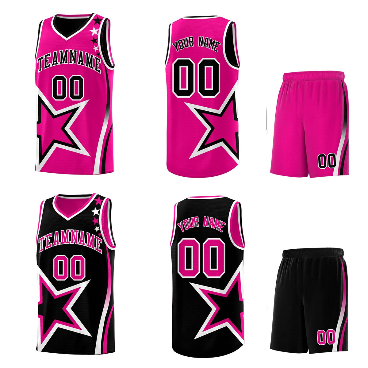 Custom Black Pink White Star Series Reversible Sets Basketball Jersey| KXKSHOP