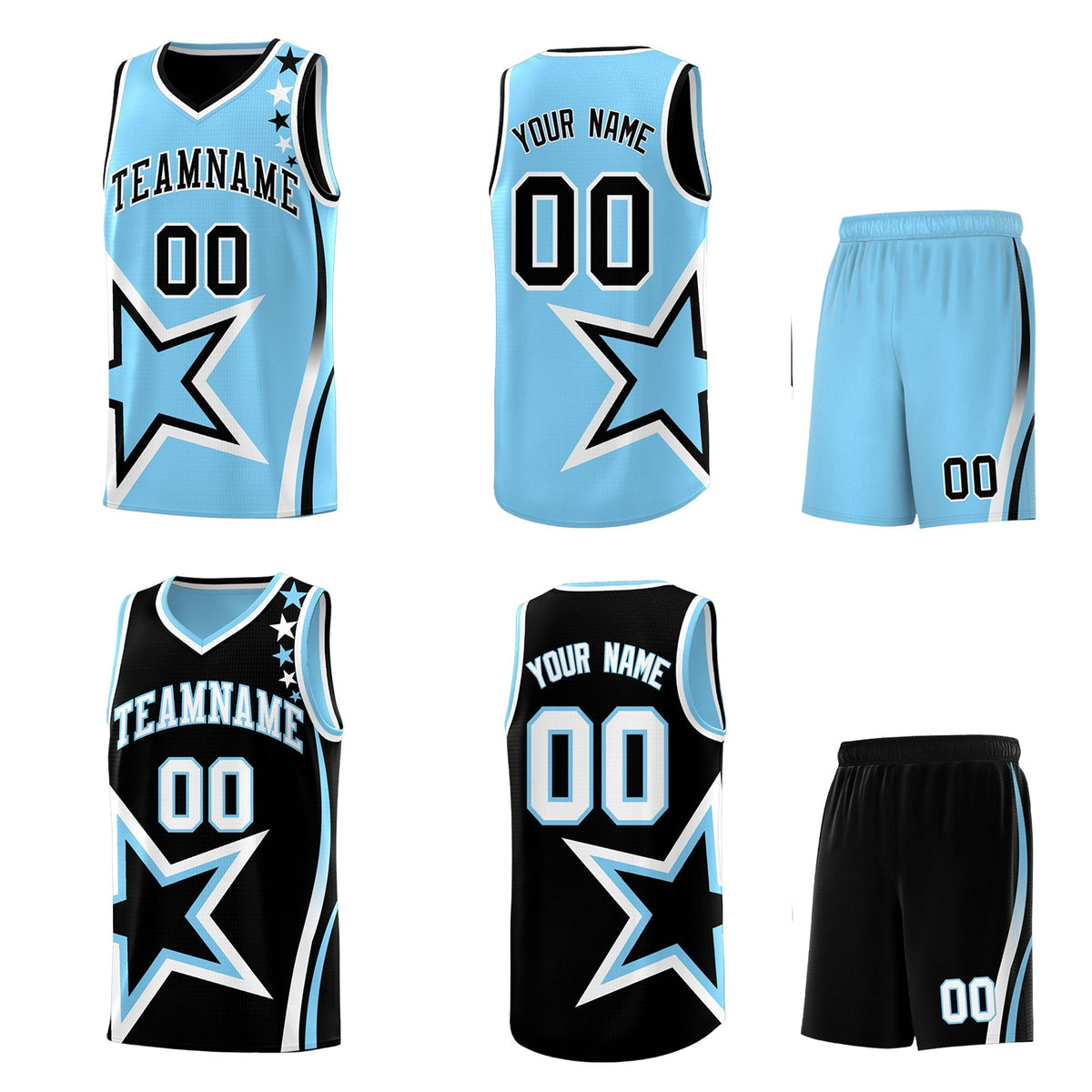 Custom Black Light Blue White Star Series Reversible Sets Basketball Jersey| KXKSHOP