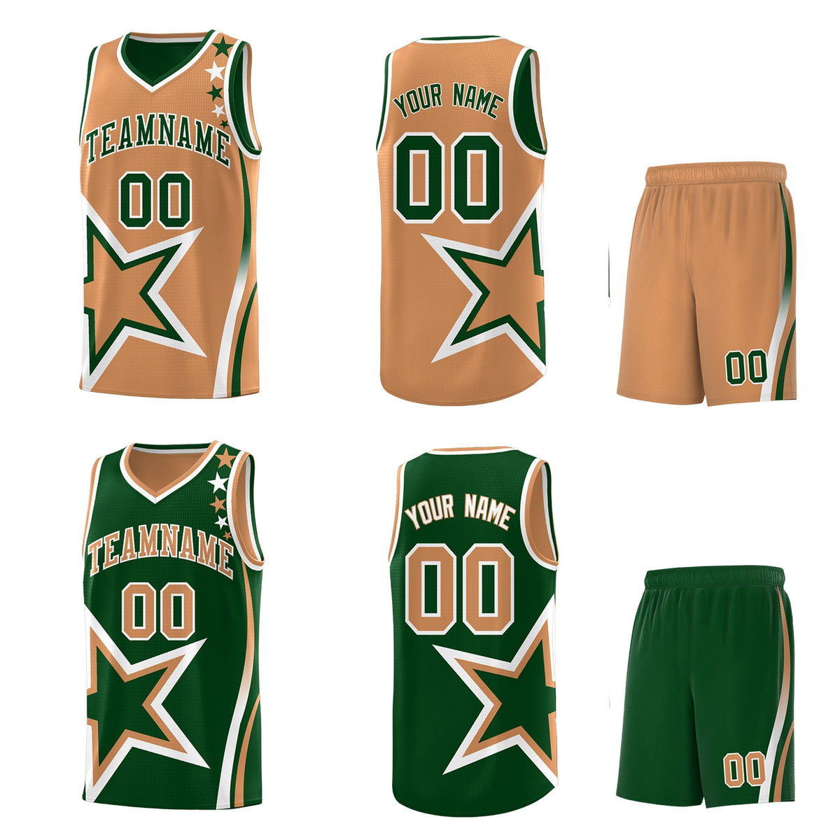 Custom Green Buckskin Brown White Star Series Reversible Sets Basketball Jersey| KXKSHOP