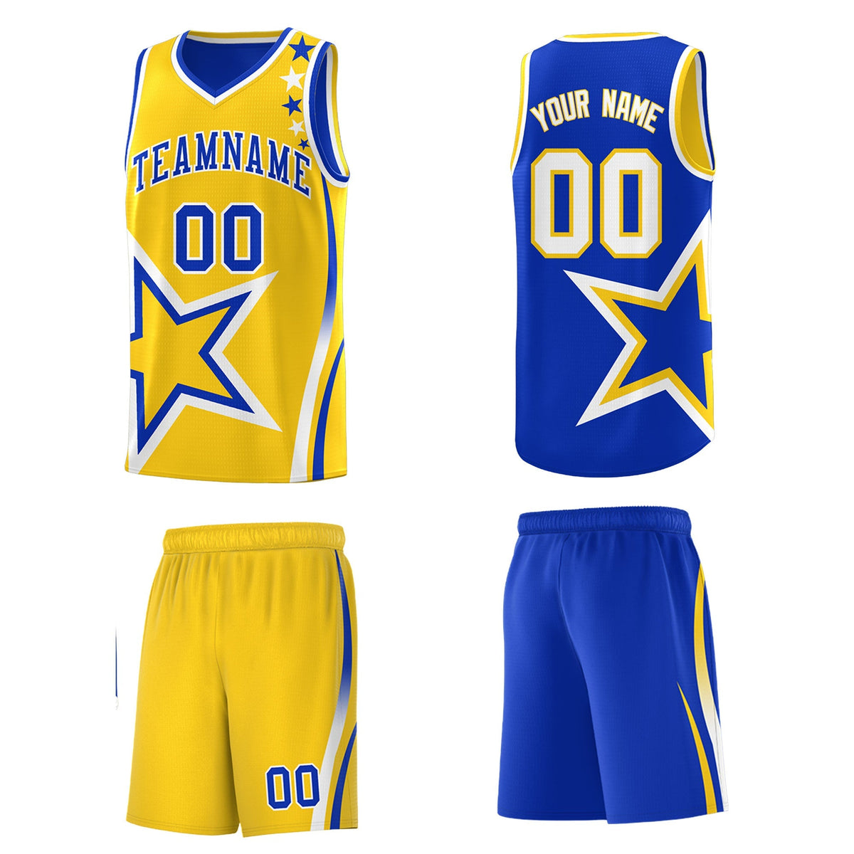 Custom Royal Blue Gold White Star Series Reversible Sets Basketball Jersey| KXKSHOP