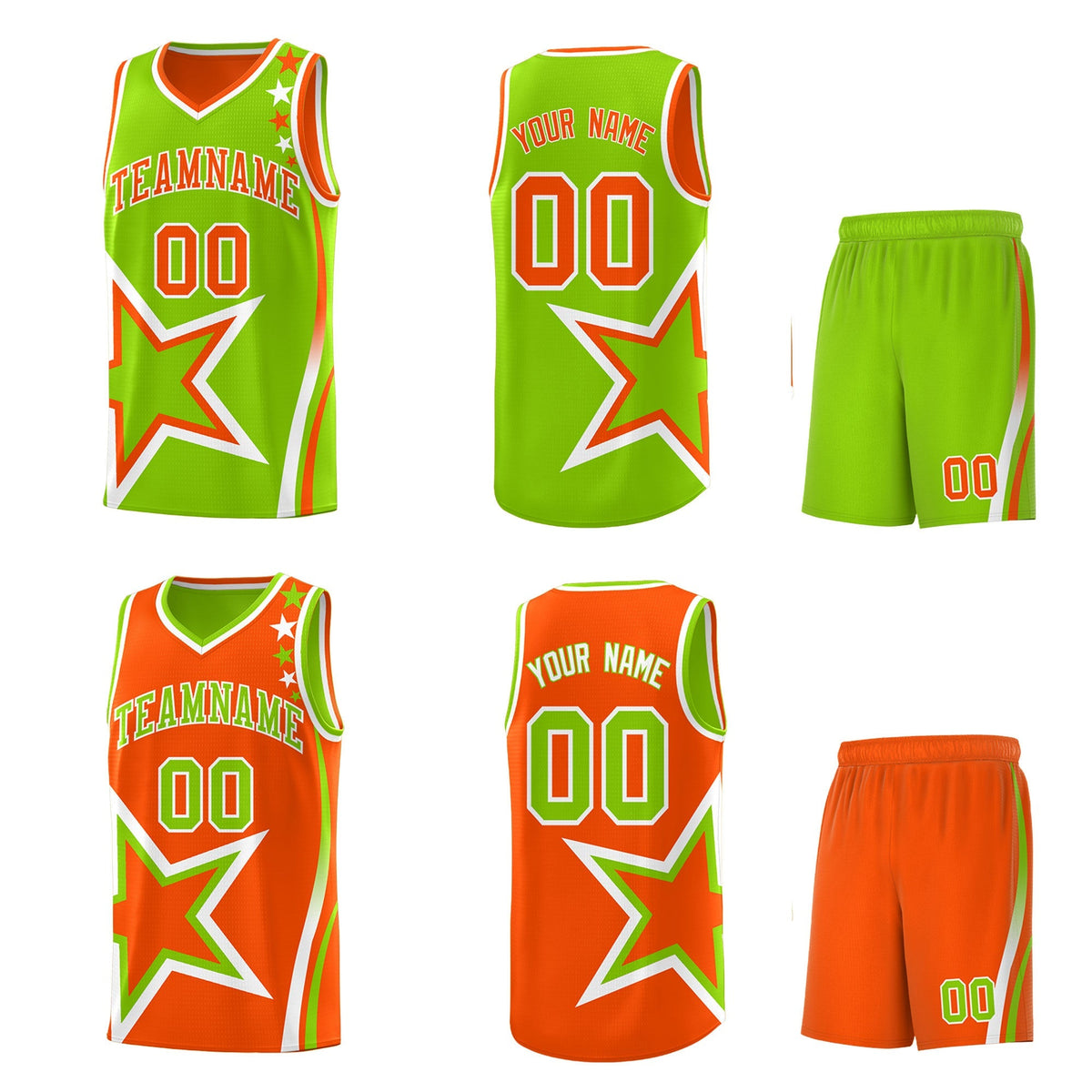 Custom Orange Neon Green White Star Series Reversible Sets Basketball Jersey| KXKSHOP