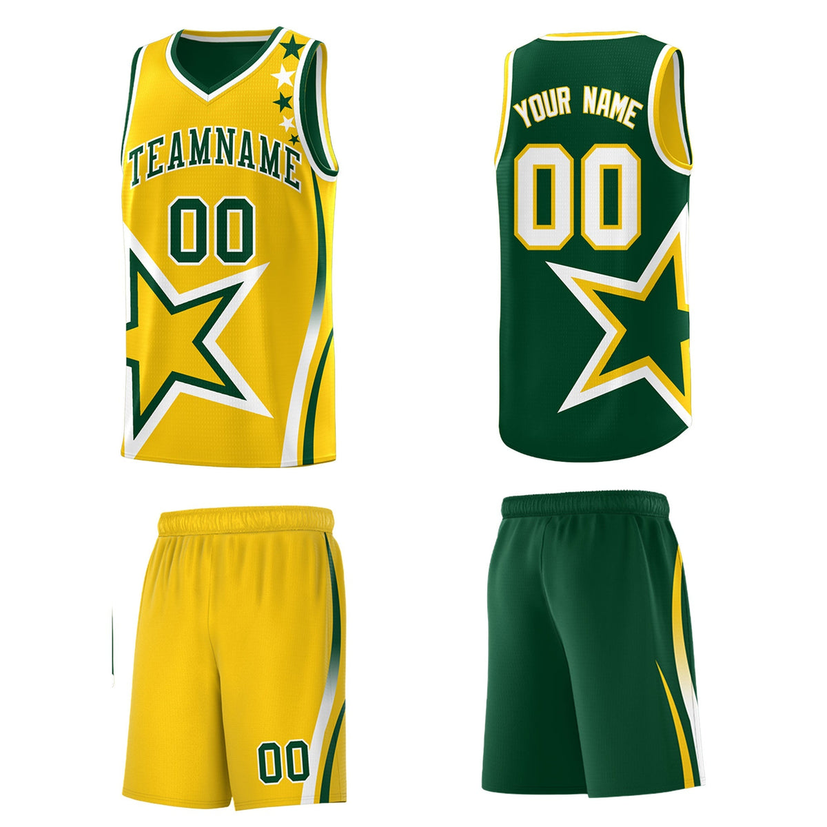 Custom Green Gold White Star Series Reversible Sets Basketball Jersey| KXKSHOP