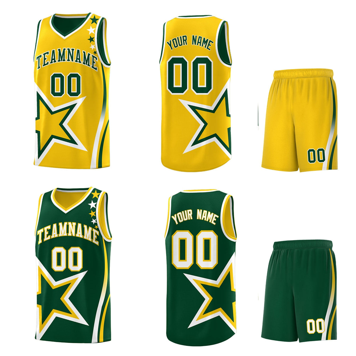 Custom Green Gold White Star Series Reversible Sets Basketball Jersey| KXKSHOP