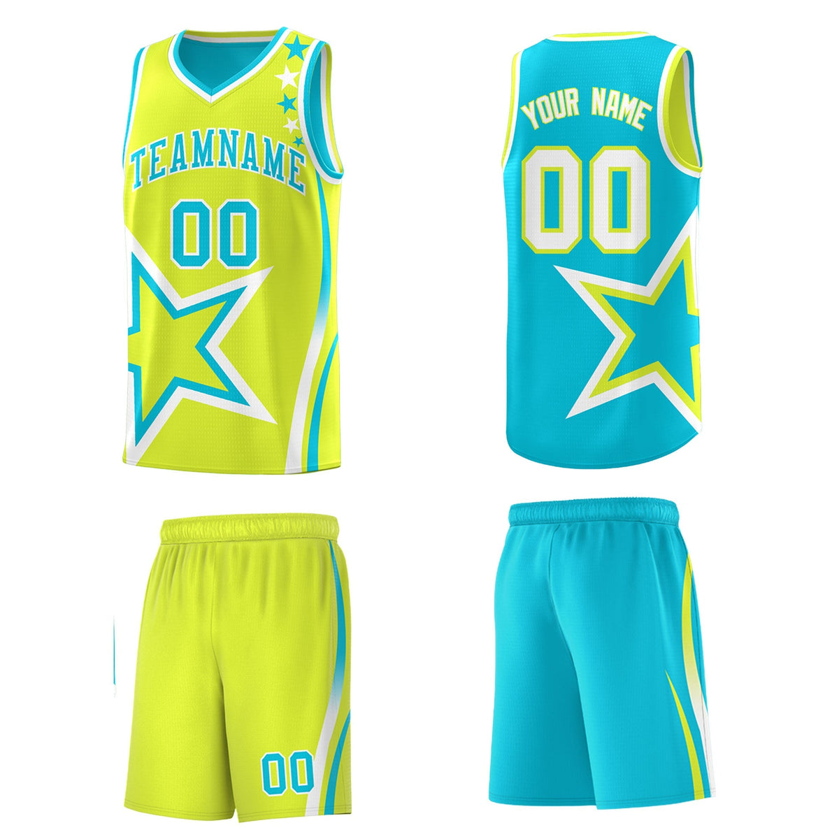 Custom Sky Blue Fluorescent Green White Star Series Reversible Sets Basketball Jersey| KXKSHOP