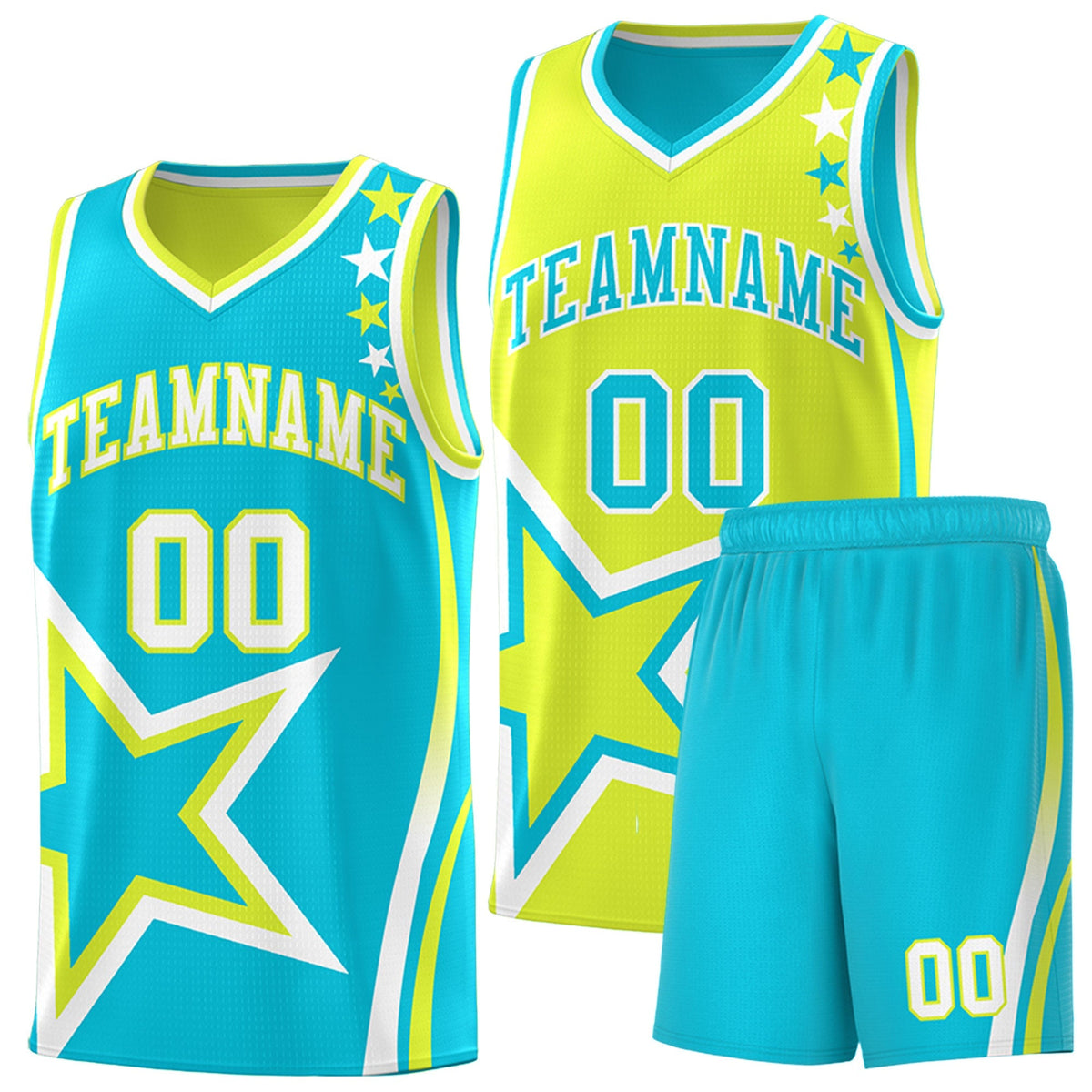 Custom Sky Blue Fluorescent Green White Star Series Reversible Sets Basketball Jersey| KXKSHOP
