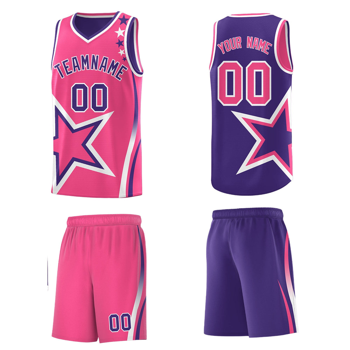 Custom Purple Pink White Star Series Reversible Sets Basketball Jersey| KXKSHOP