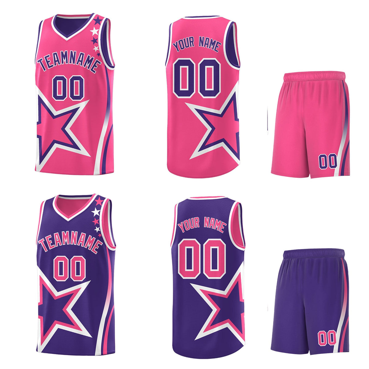 Custom Purple Pink White Star Series Reversible Sets Basketball Jersey| KXKSHOP