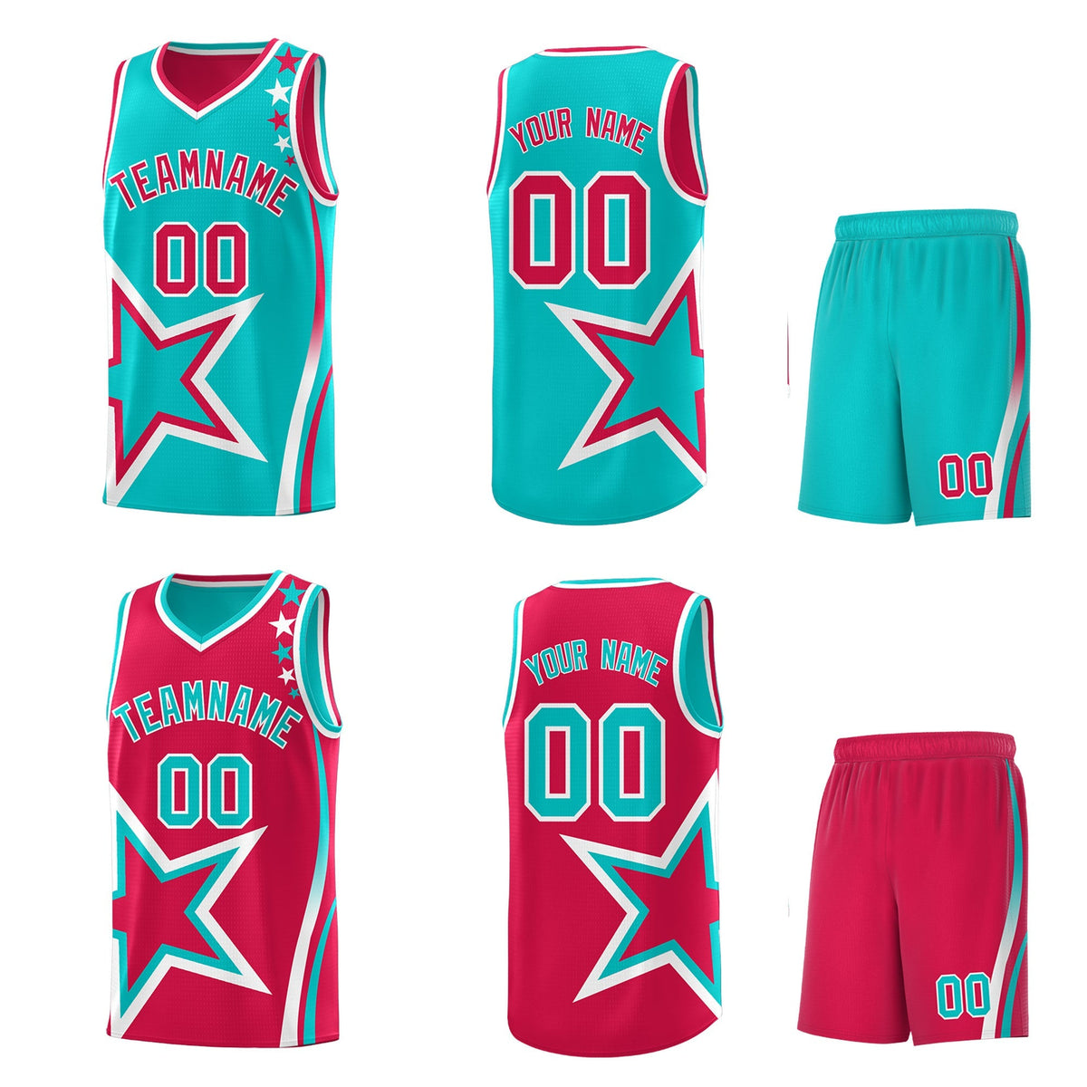 Custom Red Aqua White Star Series Reversible Sets Basketball Jersey| KXKSHOP