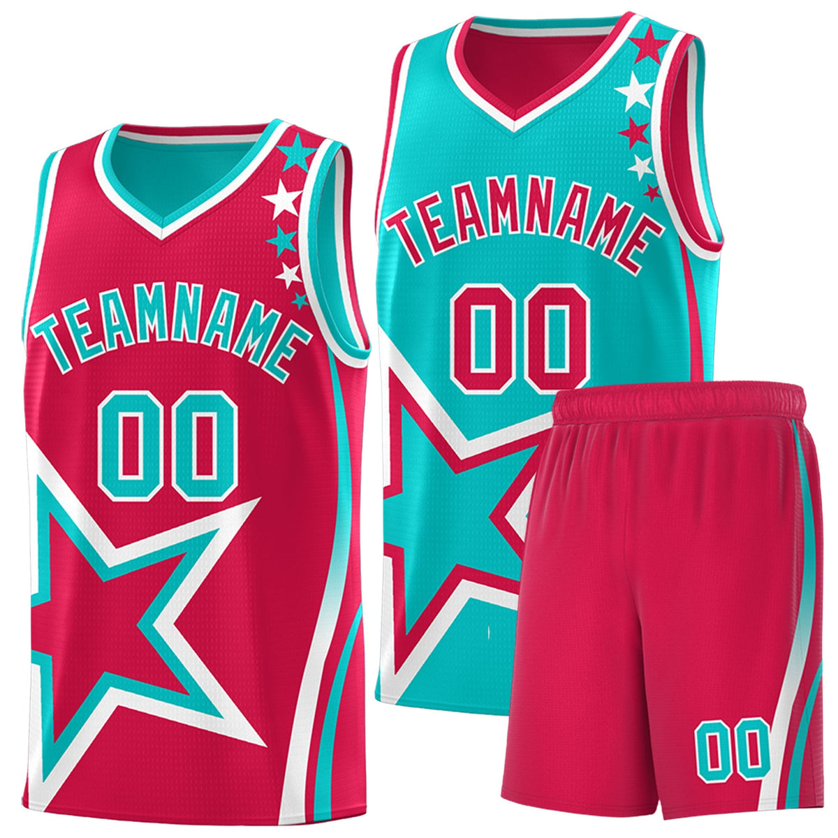 Custom Red Aqua White Star Series Reversible Sets Basketball Jersey| KXKSHOP