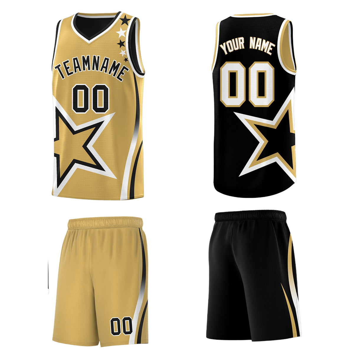 Custom Black Old Gold White Star Series Reversible Sets Basketball Jersey| KXKSHOP