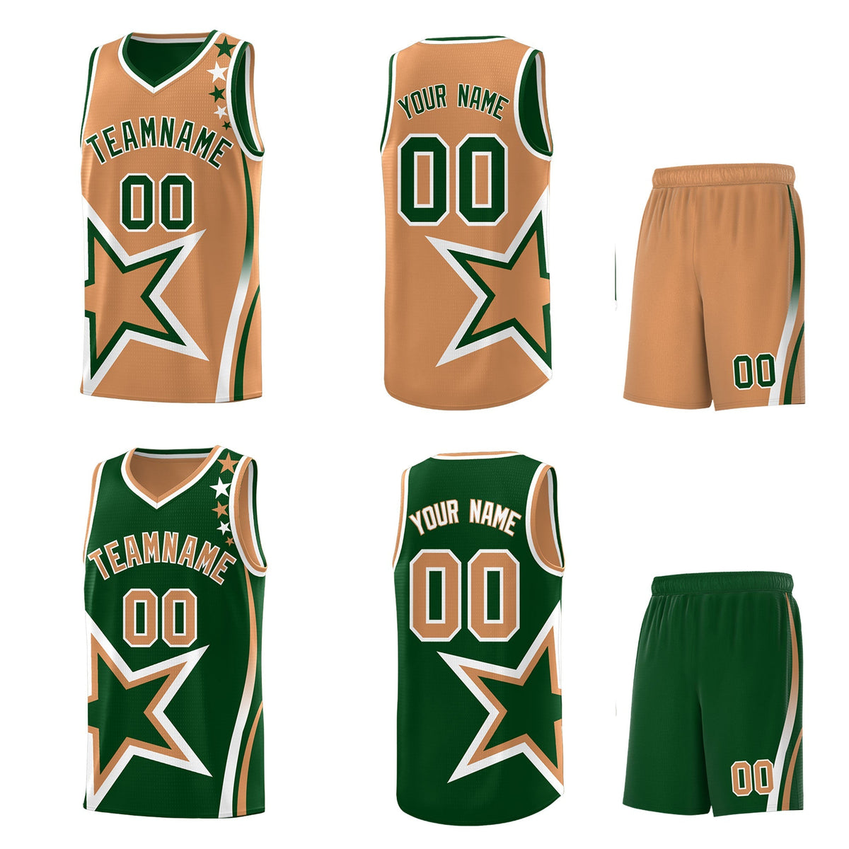 Custom Green Buckskin Brown White Star Series Reversible Sets Basketball Jersey| KXKSHOP