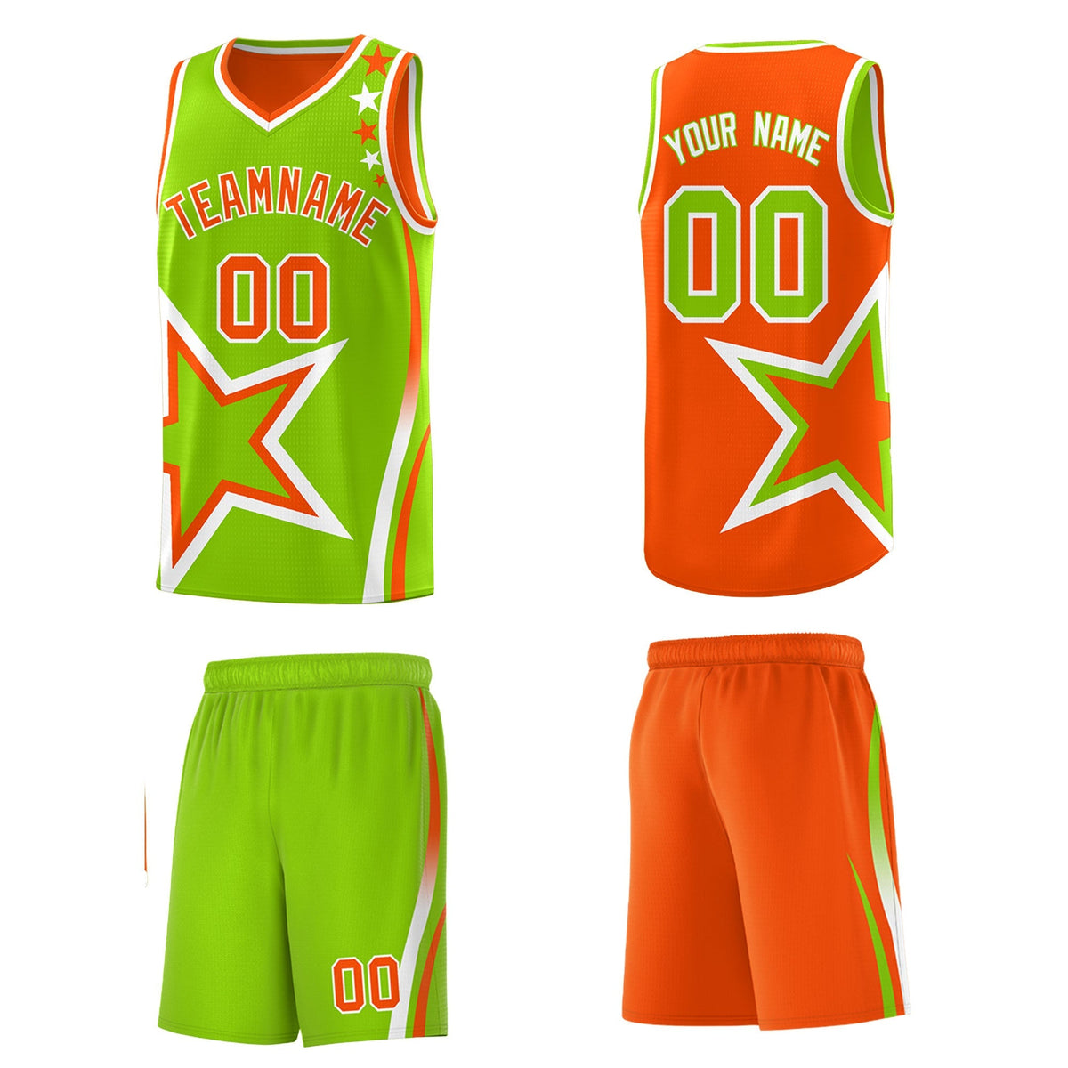 Custom Orange Neon Green White Star Series Reversible Sets Basketball Jersey| KXKSHOP