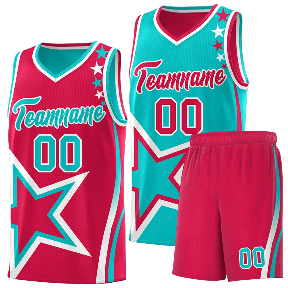 Custom Red Aqua White Star Series Reversible Sets Basketball Jersey| KXKSHOP