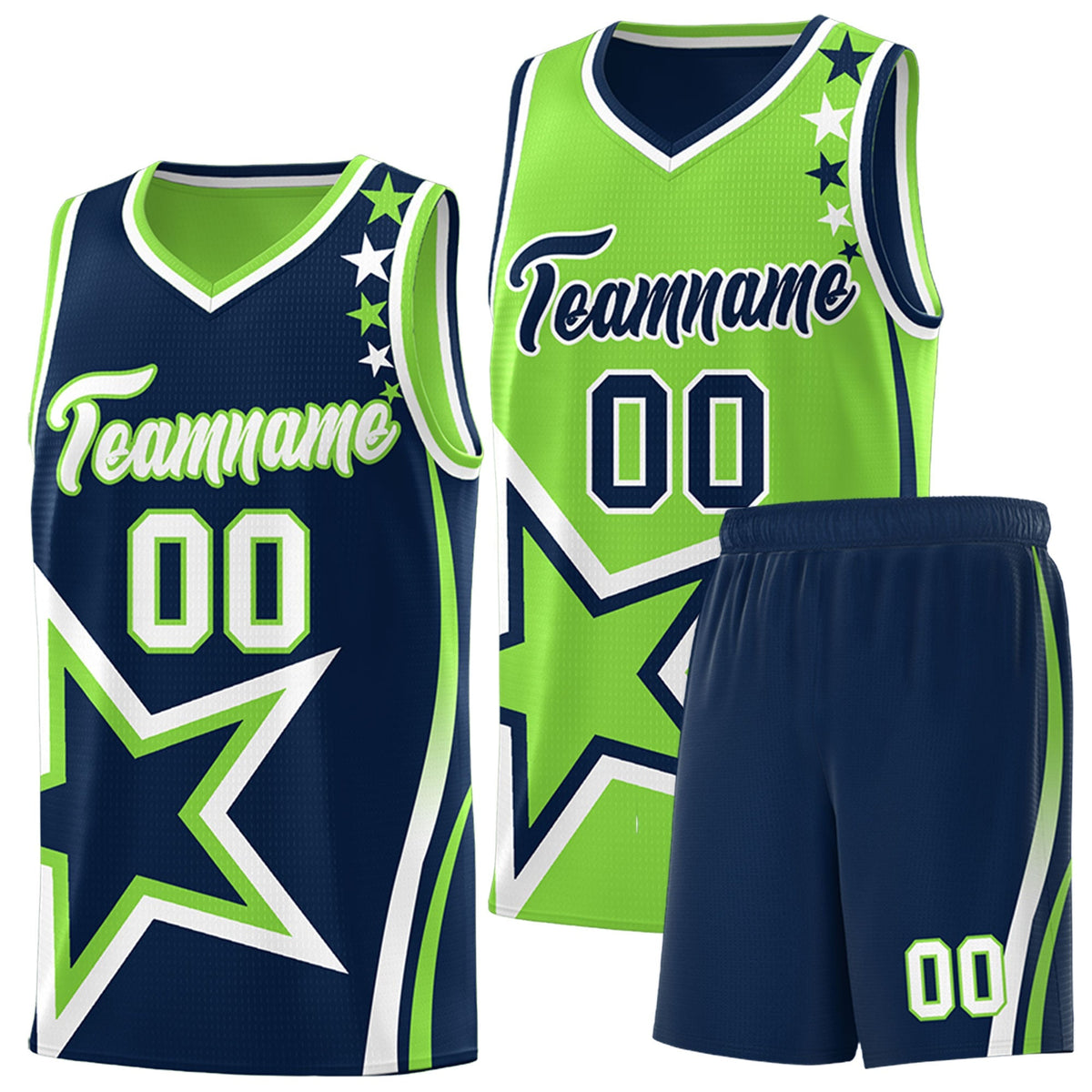 Custom Navy Fluorescent Green White Star Series Reversible Sets Basketball Jersey| KXKSHOP