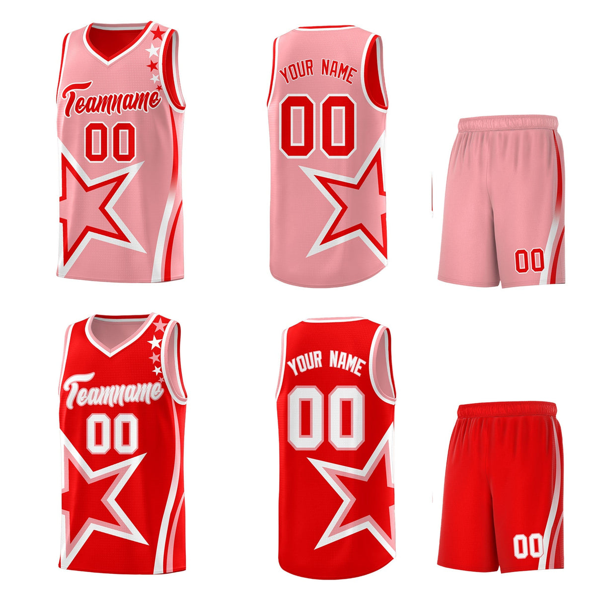 Custom Light Red Light Pink White Star Series Reversible Sets Basketball Jersey| KXKSHOP