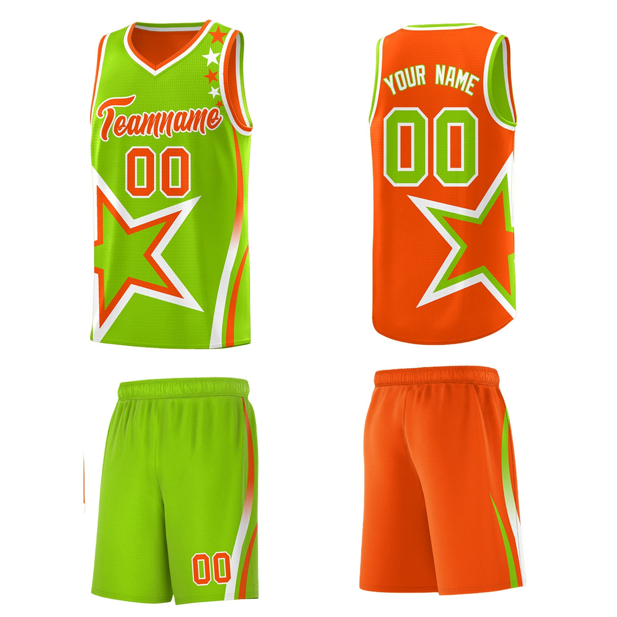 Custom Orange Neon Green White Star Series Reversible Sets Basketball Jersey| KXKSHOP