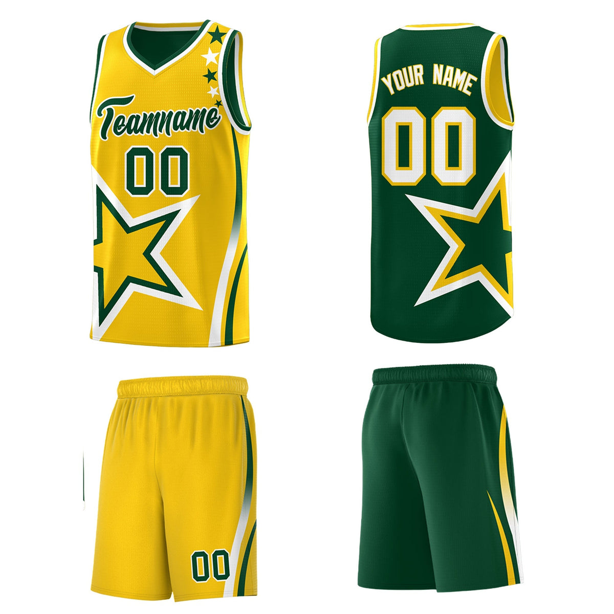 Custom Green Gold White Star Series Reversible Sets Basketball Jersey| KXKSHOP