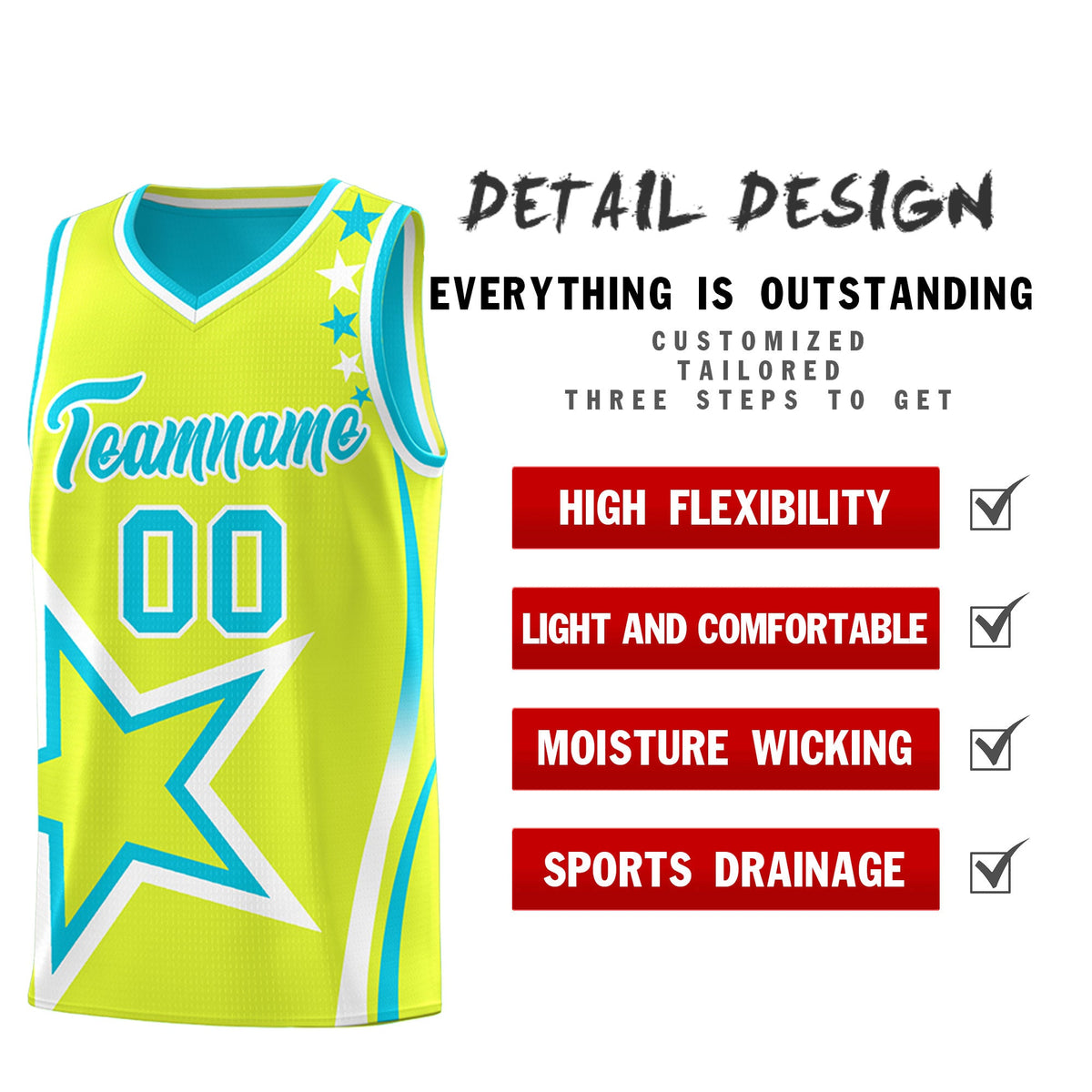 Custom Sky Blue Fluorescent Green White Star Series Reversible Sets Basketball Jersey| KXKSHOP