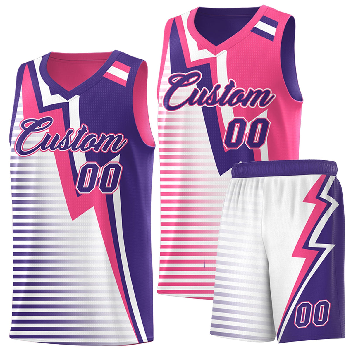 Custom Purple Pink White Gradient Stripes Lightning Pattern Reversible Sets Basketball Jersey| KXKSHOP