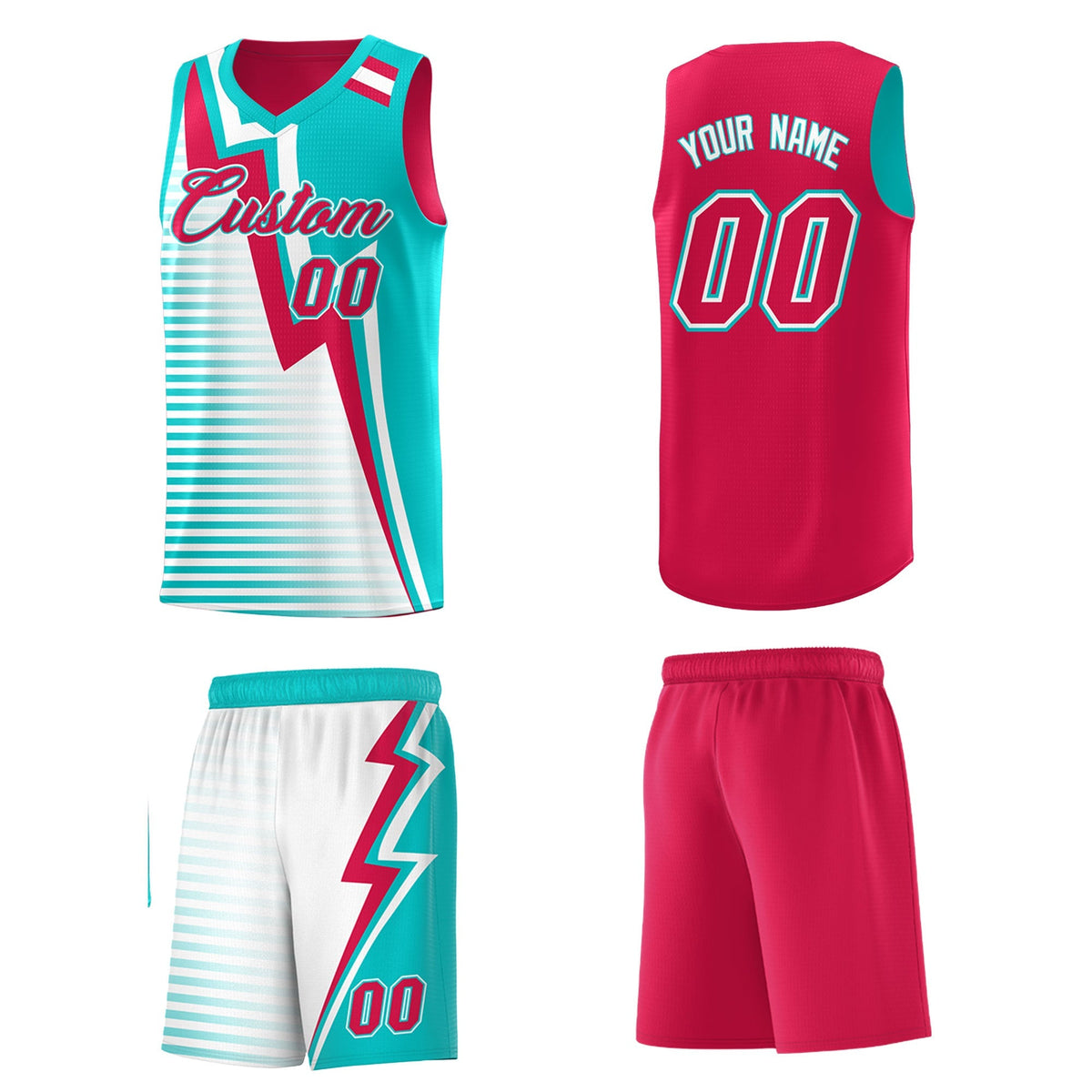 Custom Red Aqua White Gradient Stripes Lightning Pattern Reversible Sets Basketball Jersey| KXKSHOP