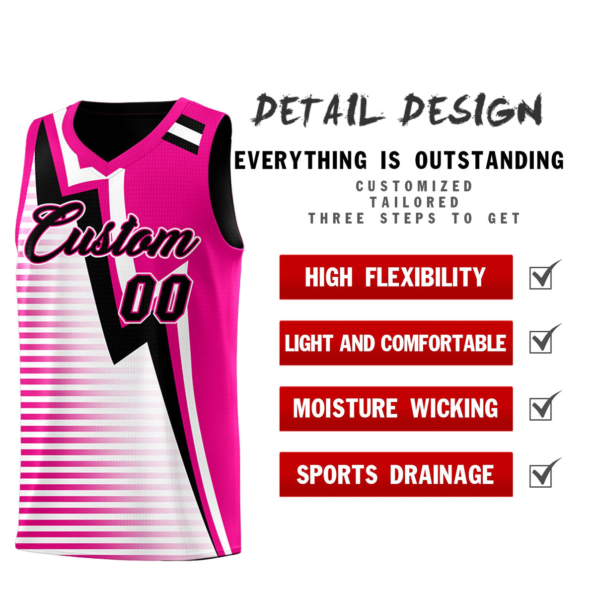 Custom Black Pink White Gradient Stripes Lightning Pattern Reversible Sets Basketball Jersey| KXKSHOP