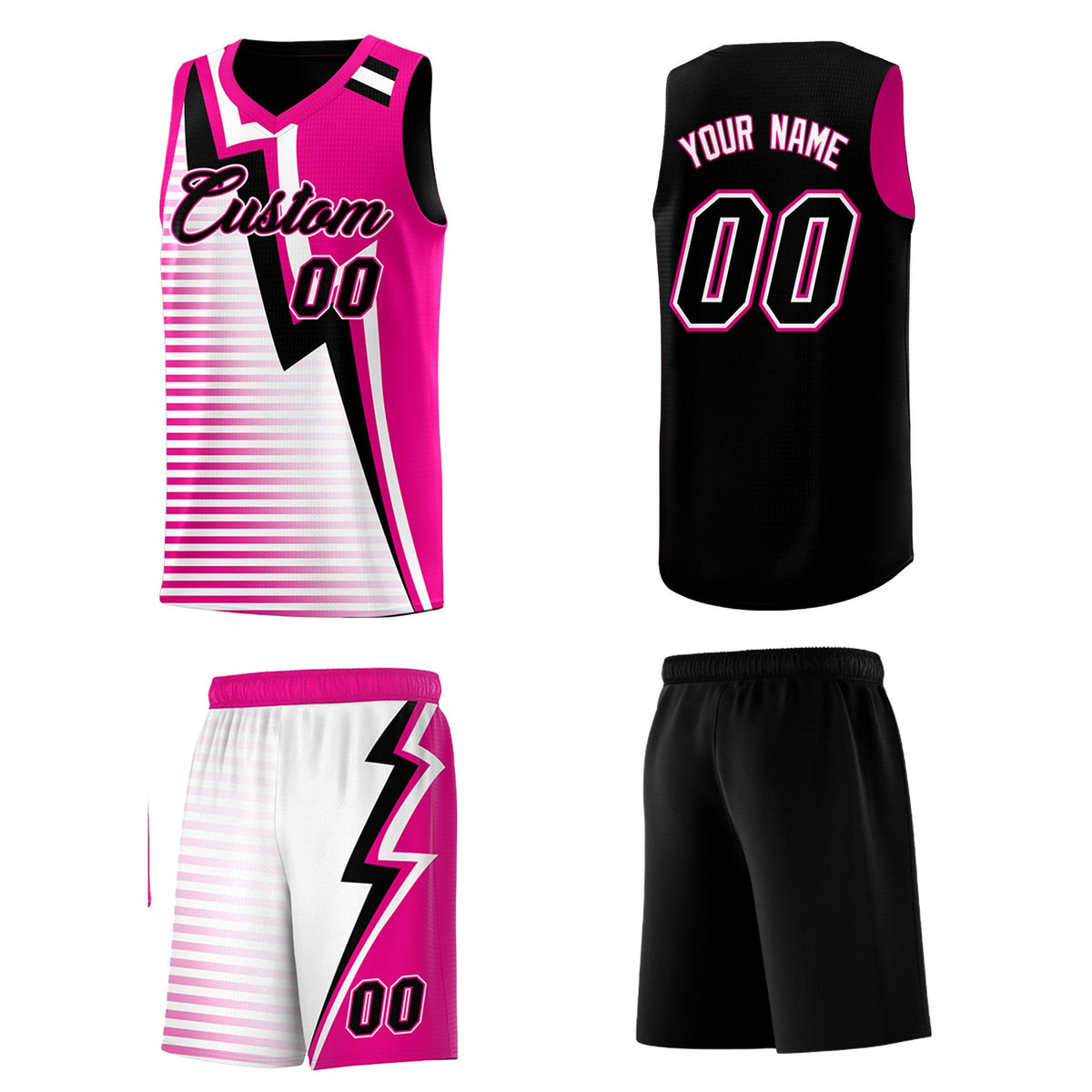 Custom Black Pink White Gradient Stripes Lightning Pattern Reversible Sets Basketball Jersey| KXKSHOP