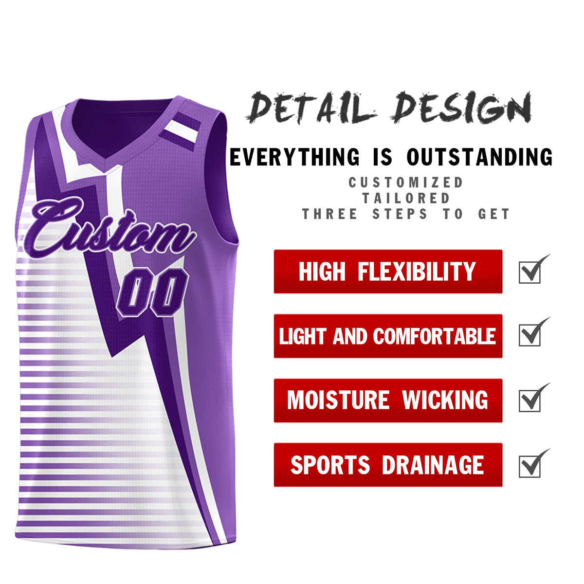 Custom Purple Light Purple White Gradient Stripes Lightning Pattern Reversible Sets Basketball Jersey| KXKSHOP