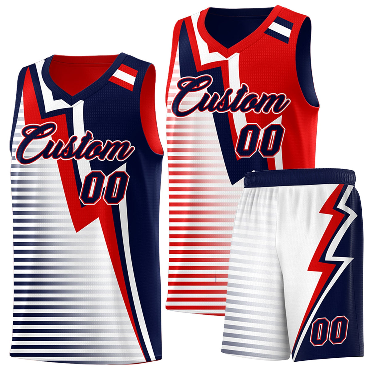Custom Navy Red White Gradient Stripes Lightning Pattern Reversible Sets Basketball Jersey| KXKSHOP