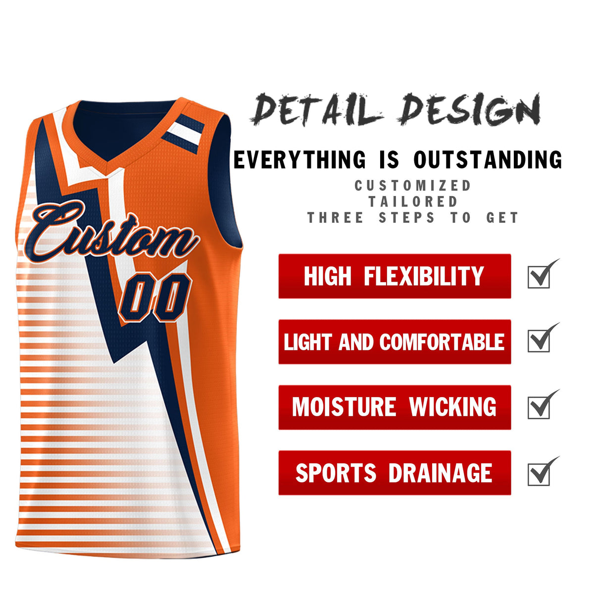 Custom Navy Orange White Gradient Stripes Lightning Pattern Reversible Sets Basketball Jersey| KXKSHOP