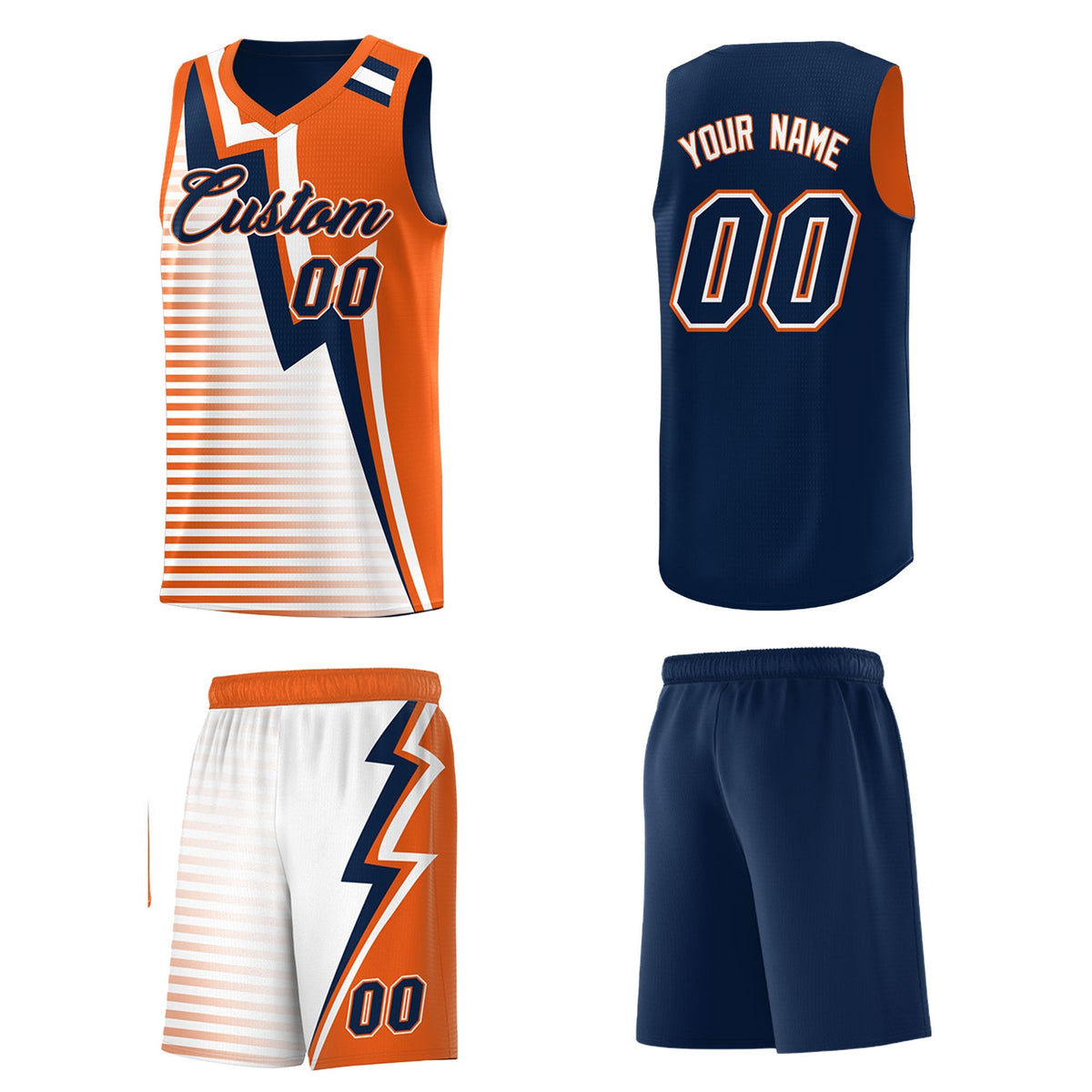 Custom Navy Orange White Gradient Stripes Lightning Pattern Reversible Sets Basketball Jersey| KXKSHOP