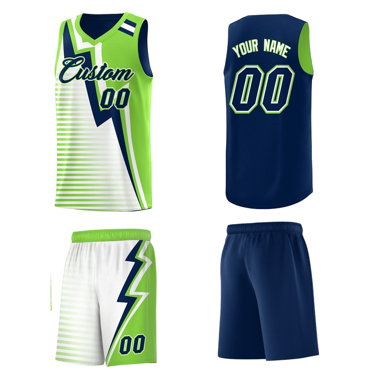 Custom Navy Fluorescent Green White Gradient Stripes Lightning Pattern Reversible Sets Basketball Jersey| KXKSHOP