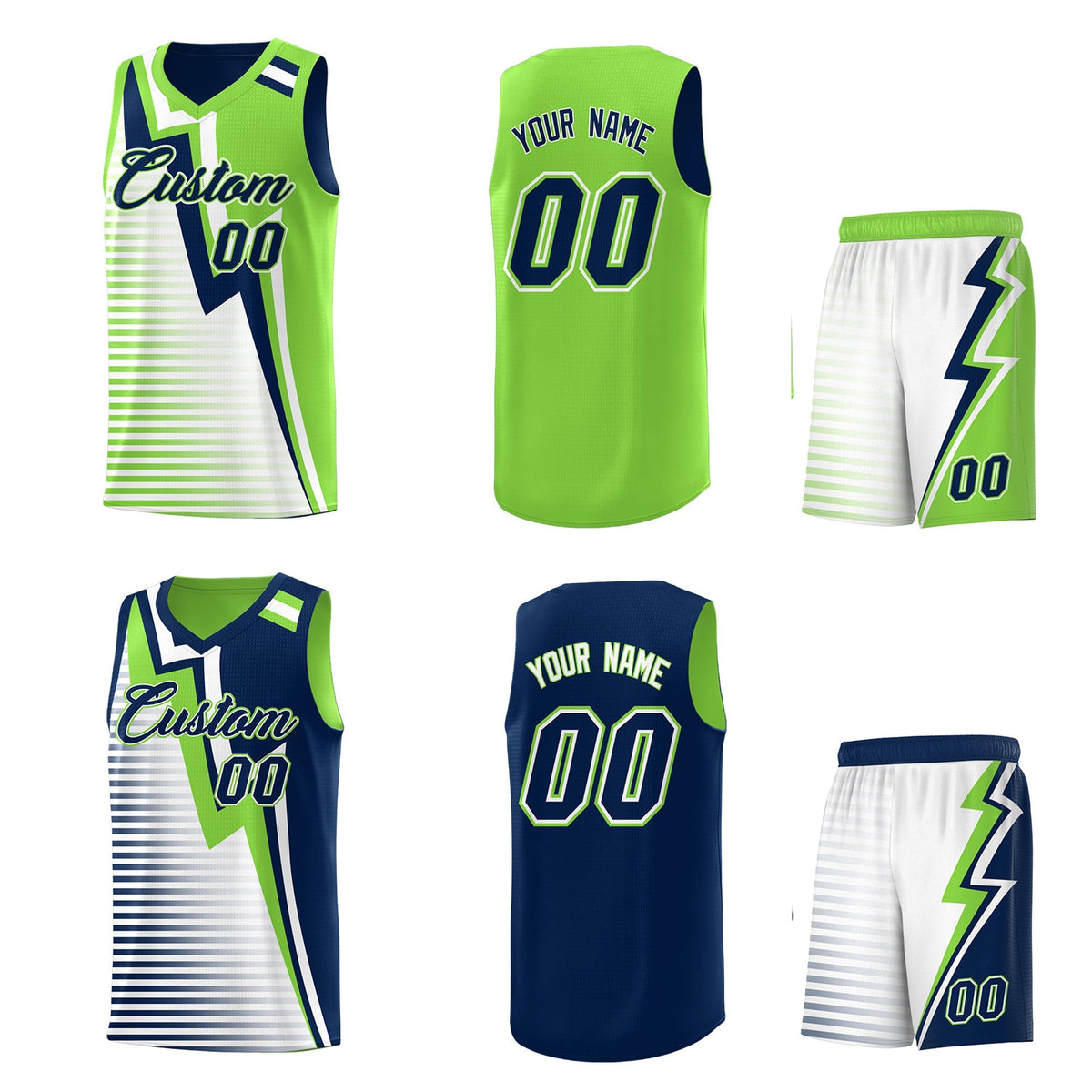 Custom Navy Fluorescent Green White Gradient Stripes Lightning Pattern Reversible Sets Basketball Jersey| KXKSHOP