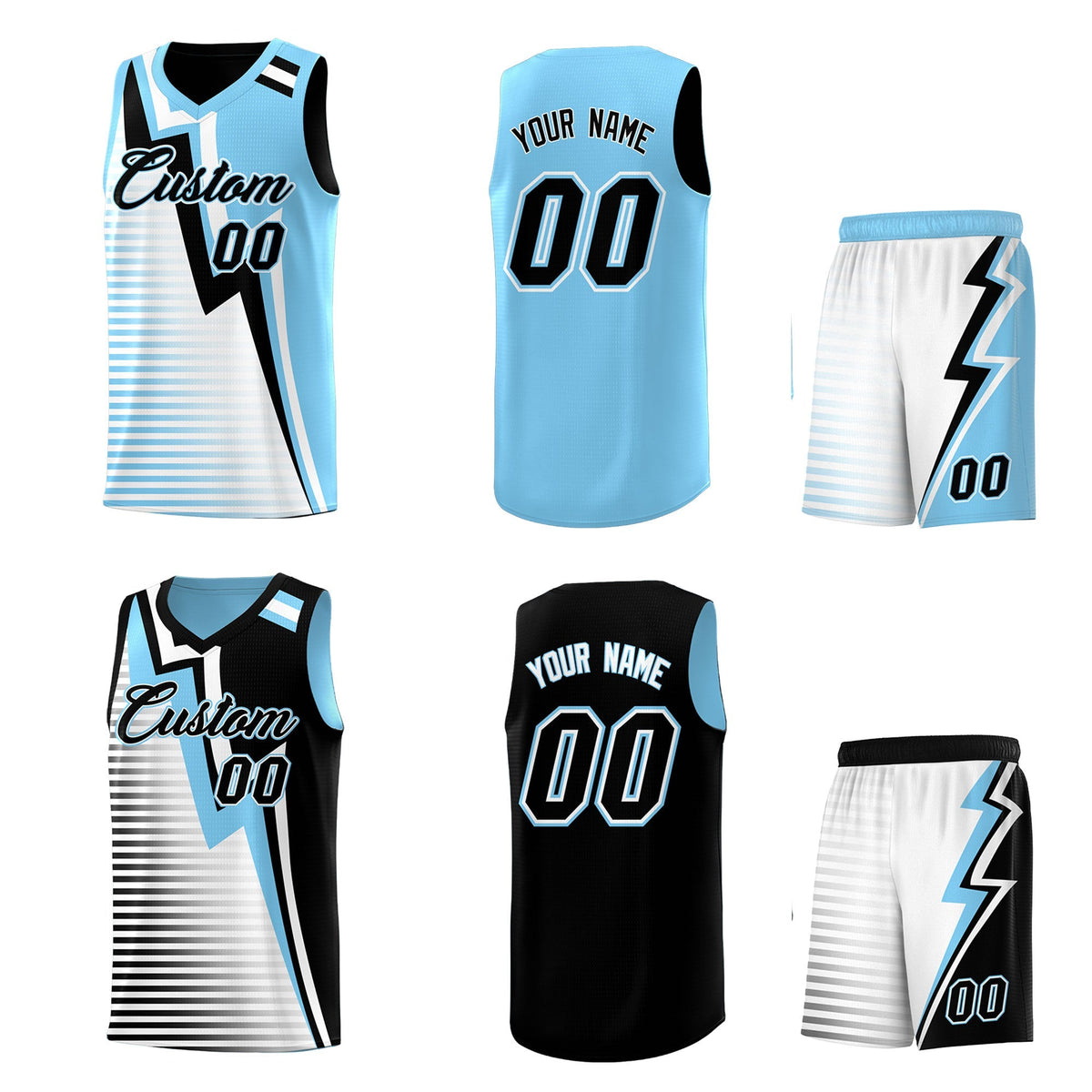 Custom Black Light Blue White Gradient Stripes Lightning Pattern Reversible Sets Basketball Jersey| KXKSHOP
