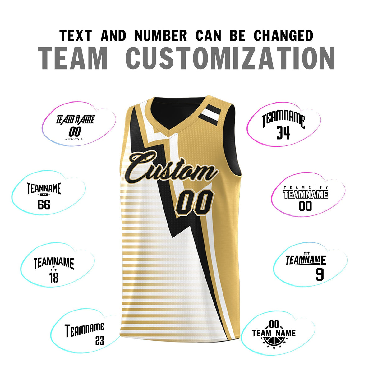 Custom Black Old Gold White Gradient Stripes Lightning Pattern Reversible Sets Basketball Jersey| KXKSHOP