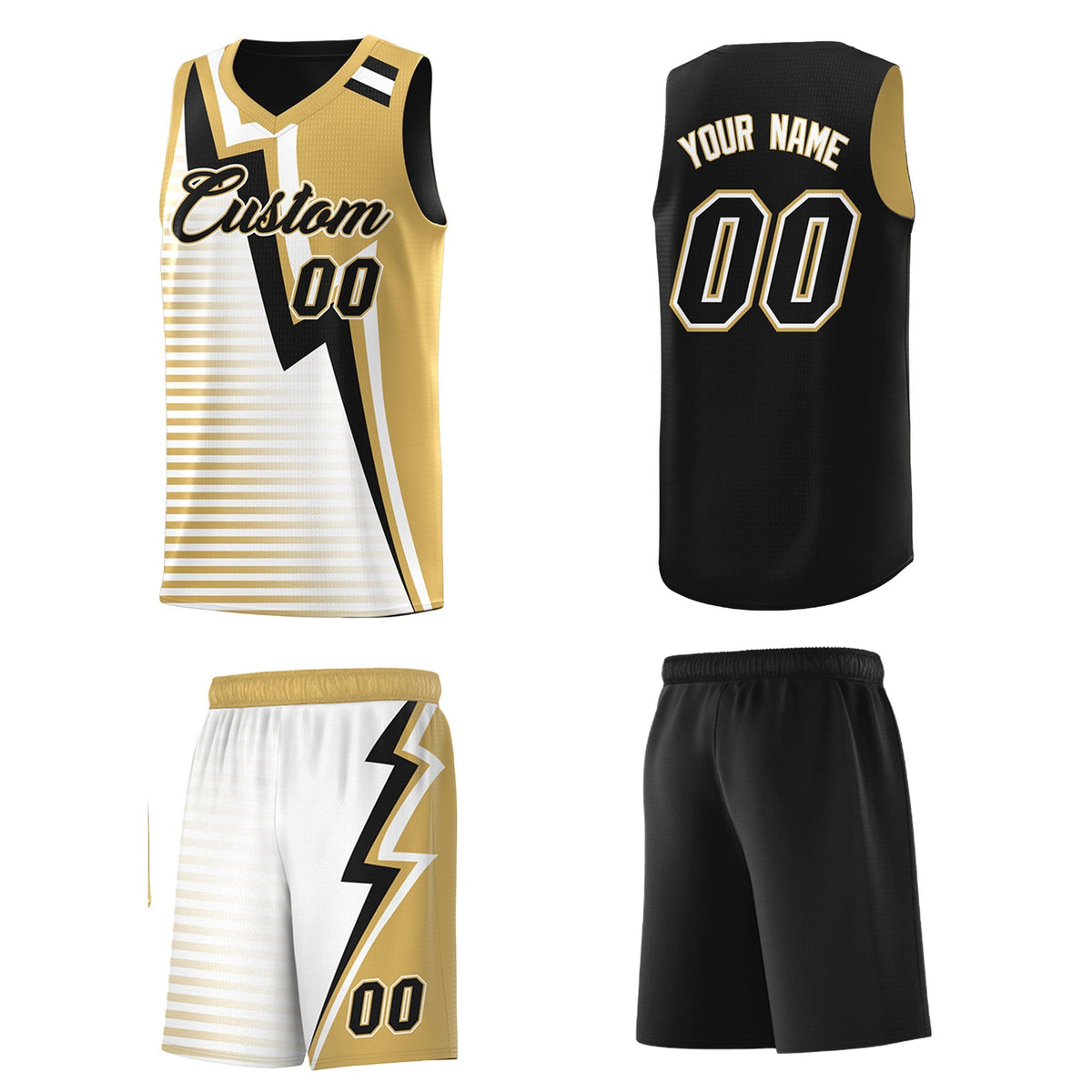 Custom Black Old Gold White Gradient Stripes Lightning Pattern Reversible Sets Basketball Jersey| KXKSHOP