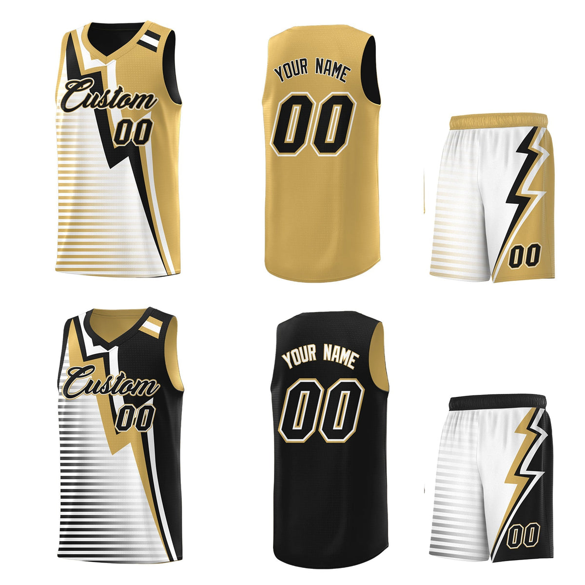 Custom Black Old Gold White Gradient Stripes Lightning Pattern Reversible Sets Basketball Jersey| KXKSHOP