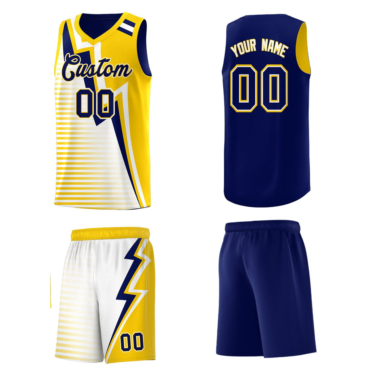 Custom Navy Gold White Gradient Stripes Lightning Pattern Reversible Sets Basketball Jersey| KXKSHOP