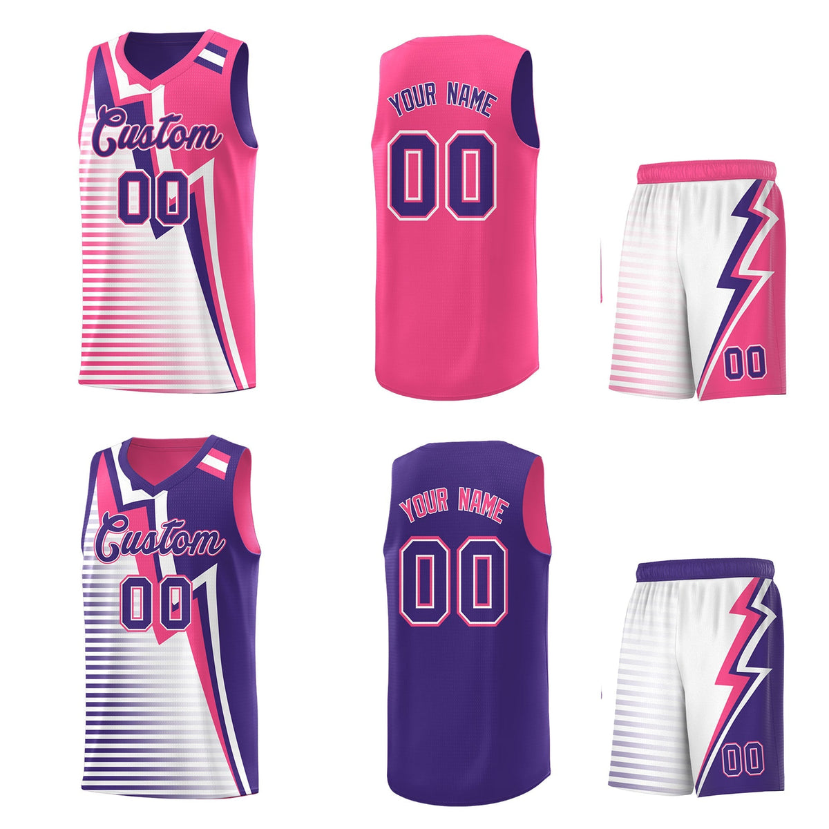 Custom Purple Pink White Gradient Stripes Lightning Pattern Reversible Sets Basketball Jersey| KXKSHOP