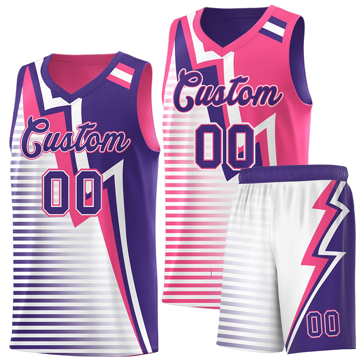 Custom Purple Pink White Gradient Stripes Lightning Pattern Reversible Sets Basketball Jersey| KXKSHOP