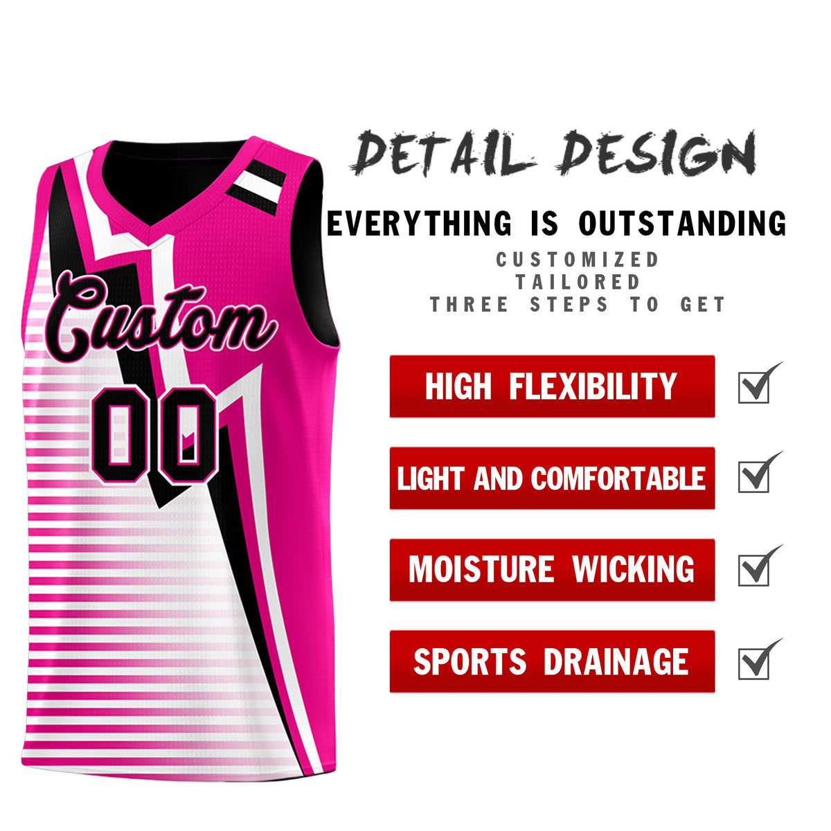 Custom Black Pink White Gradient Stripes Lightning Pattern Reversible Sets Basketball Jersey| KXKSHOP