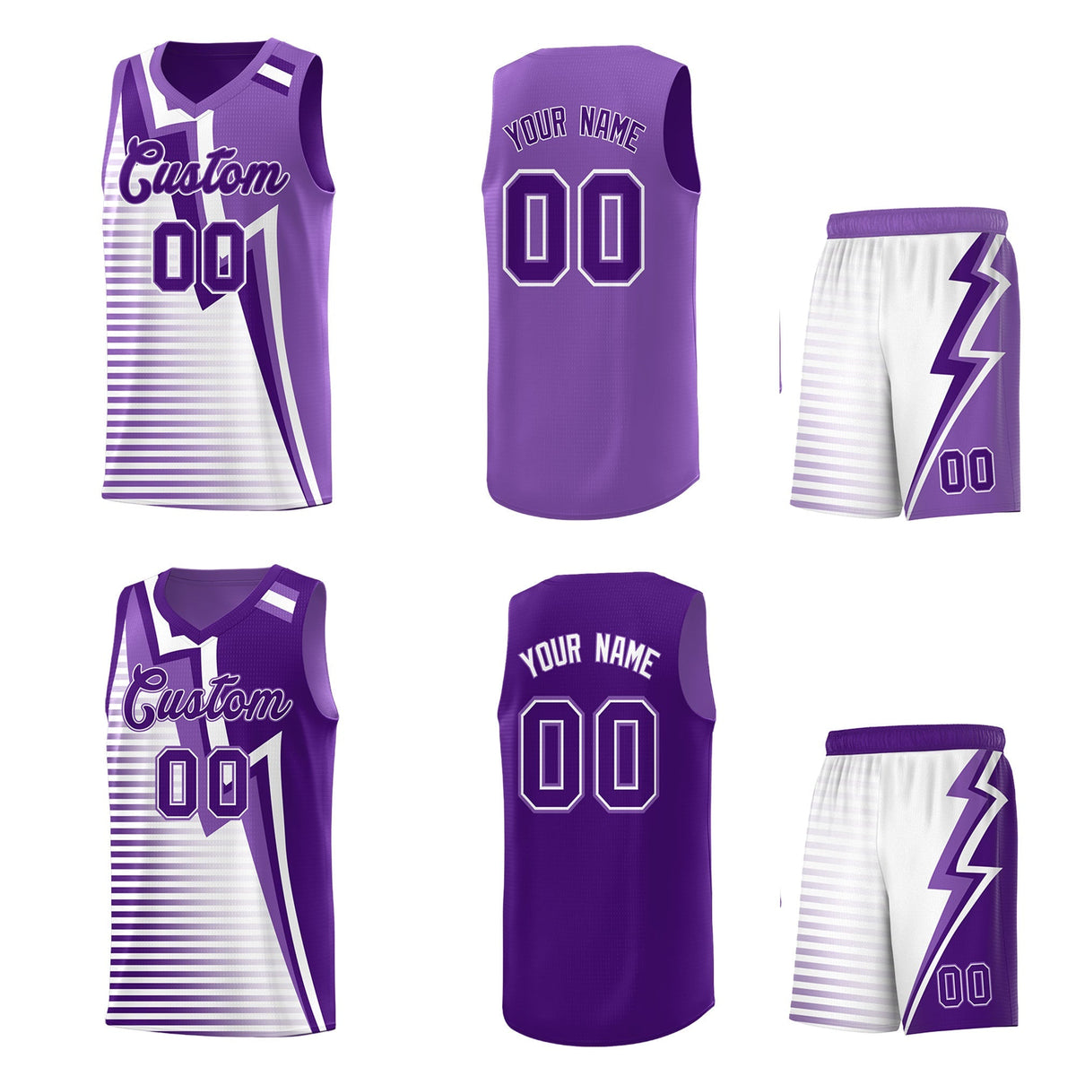 Custom Purple Light Purple White Gradient Stripes Lightning Pattern Reversible Sets Basketball Jersey| KXKSHOP