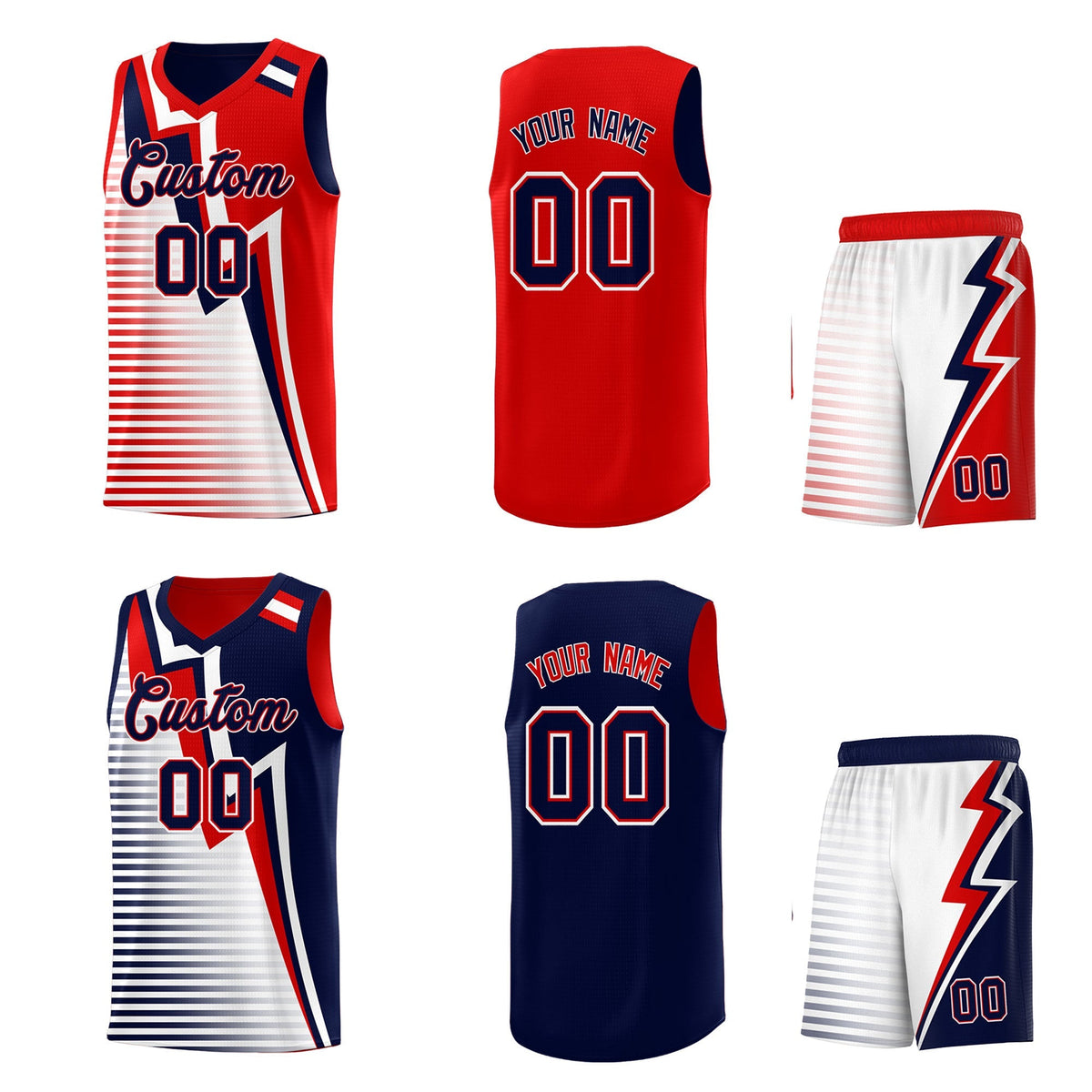 Custom Navy Red White Gradient Stripes Lightning Pattern Reversible Sets Basketball Jersey| KXKSHOP