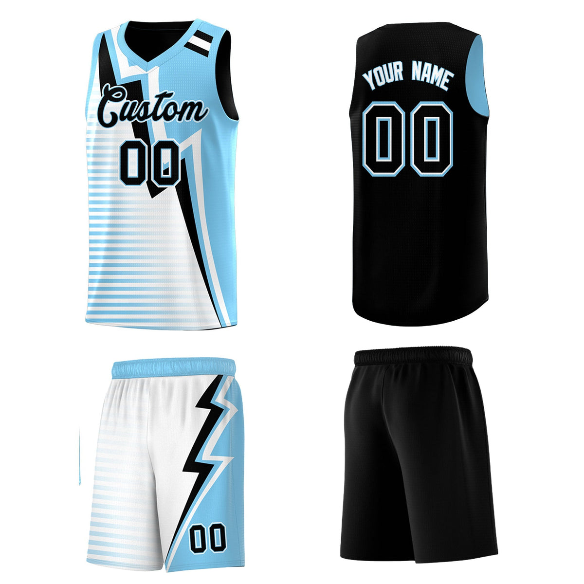 Custom Black Light Blue White Gradient Stripes Lightning Pattern Reversible Sets Basketball Jersey| KXKSHOP