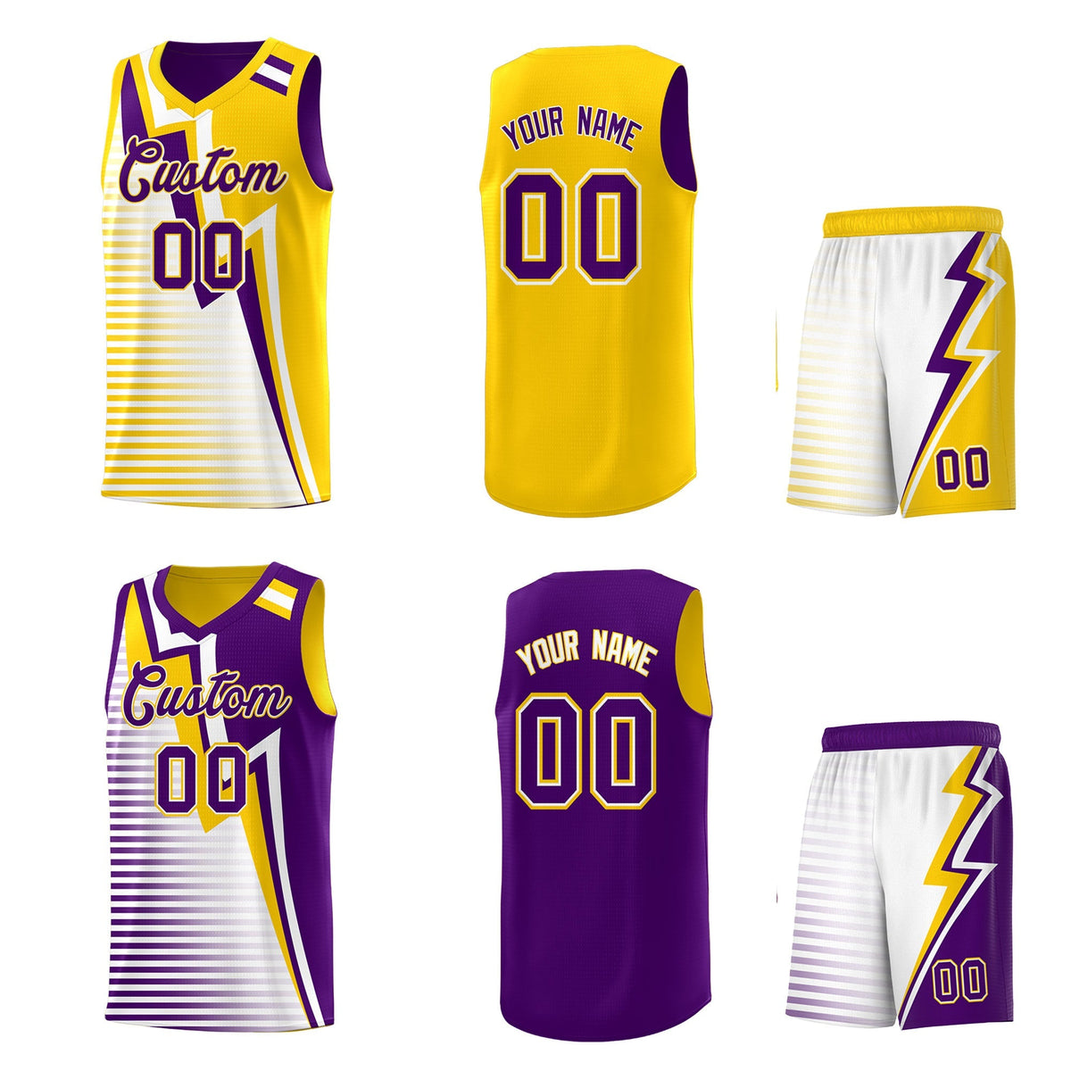 Custom Purple Gold White Gradient Stripes Lightning Pattern Reversible Sets Basketball Jersey| KXKSHOP