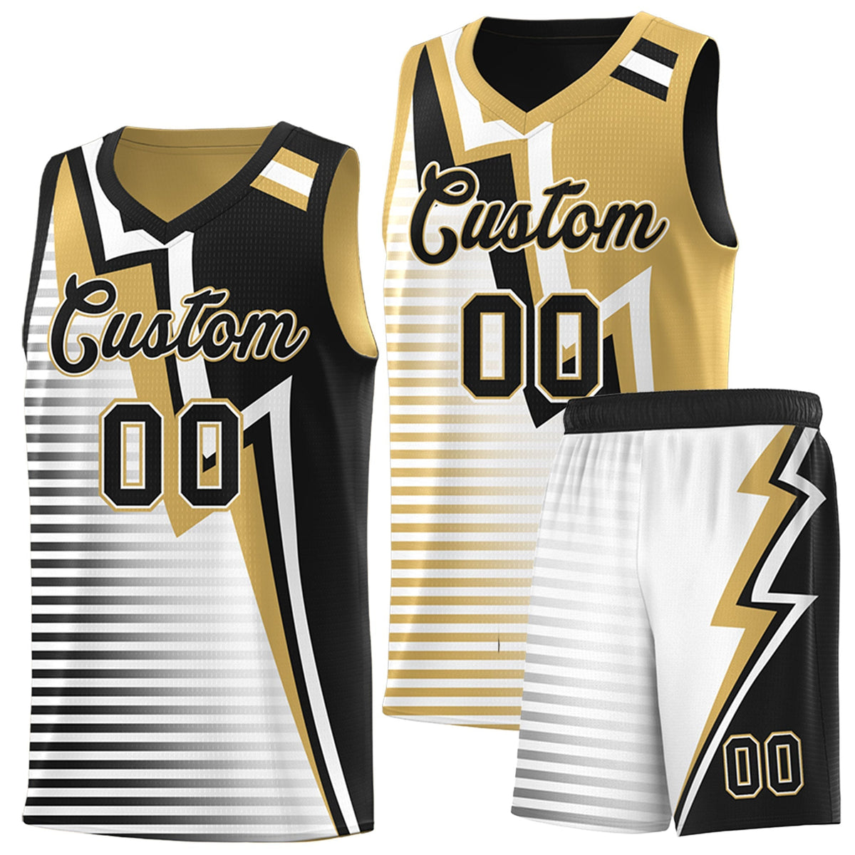 Custom Black Old Gold White Gradient Stripes Lightning Pattern Reversible Sets Basketball Jersey| KXKSHOP