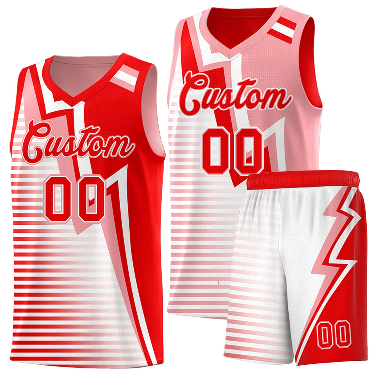 Custom Light Red Light Pink White Gradient Stripes Lightning Pattern Reversible Sets Basketball Jersey| KXKSHOP