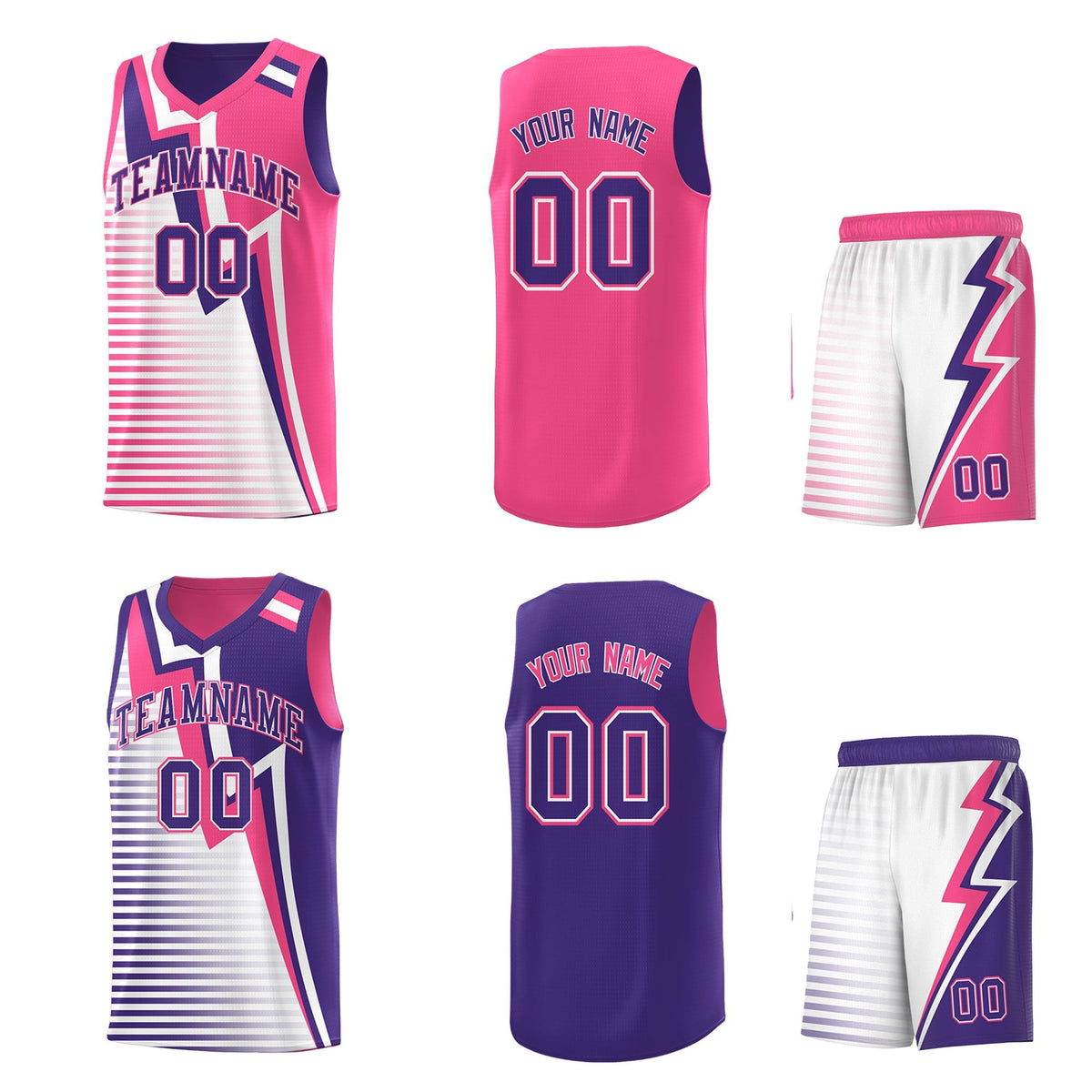Custom Purple Pink White Gradient Stripes Lightning Pattern Reversible Sets Basketball Jersey| KXKSHOP