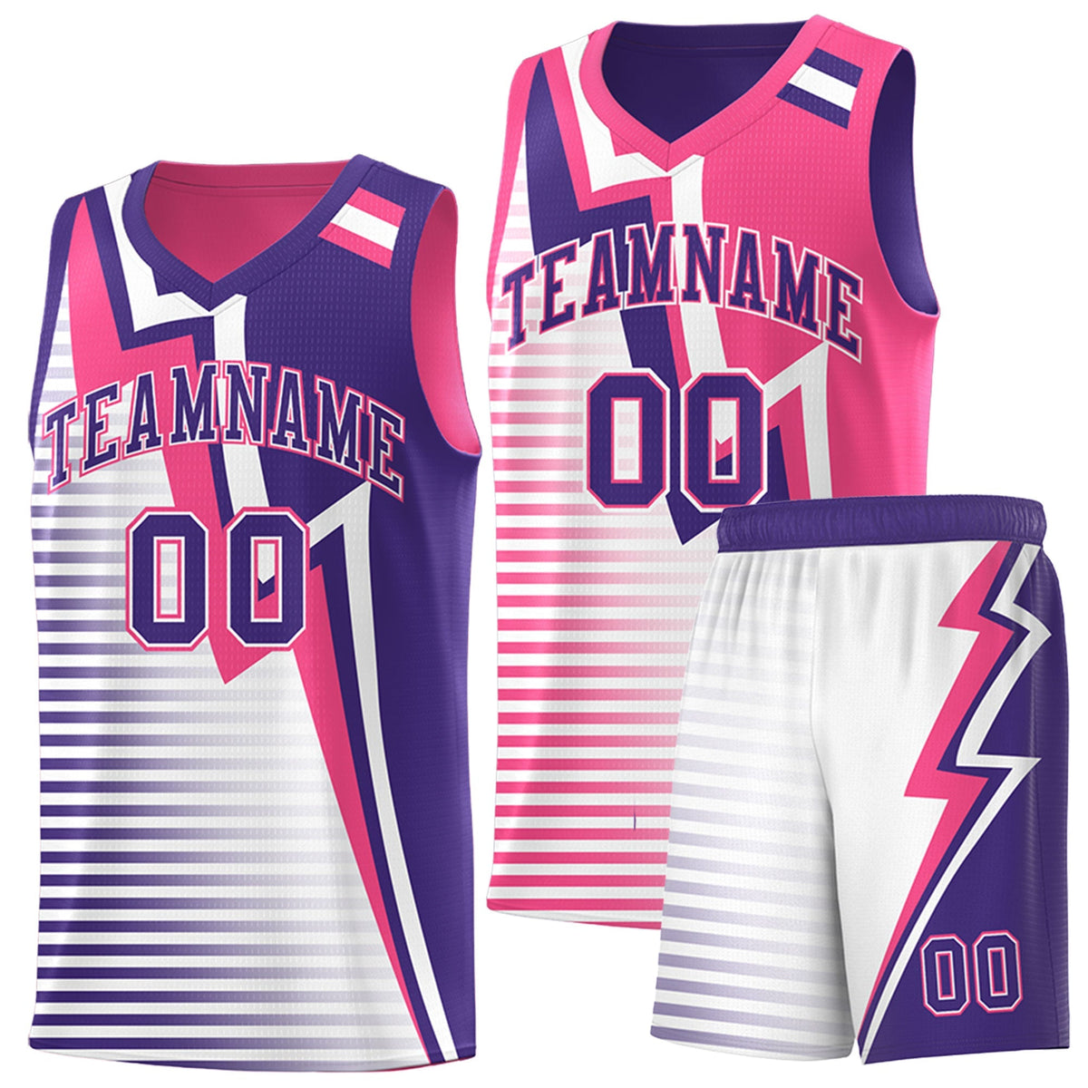 Custom Purple Pink White Gradient Stripes Lightning Pattern Reversible Sets Basketball Jersey| KXKSHOP