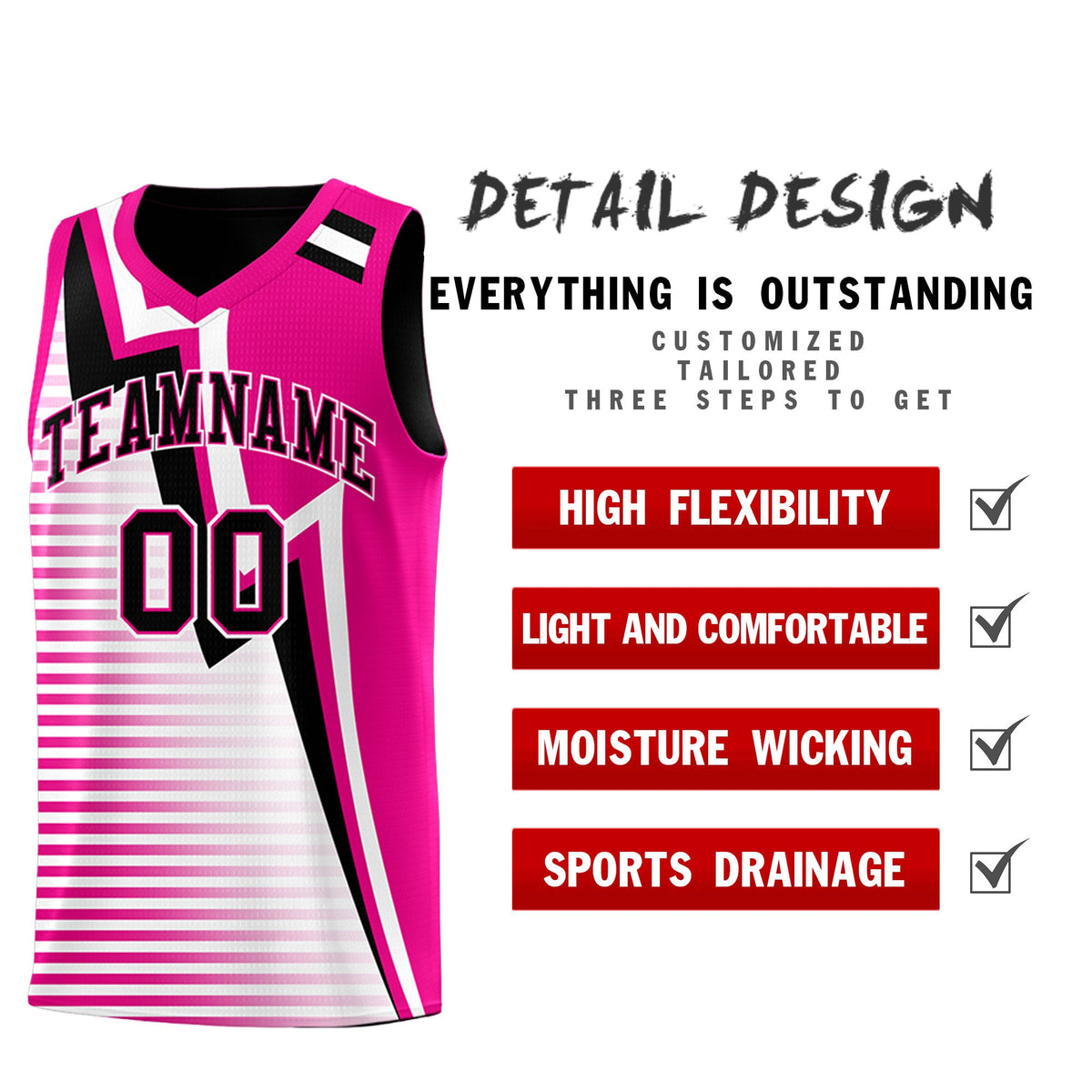 Custom Black Pink White Gradient Stripes Lightning Pattern Reversible Sets Basketball Jersey| KXKSHOP